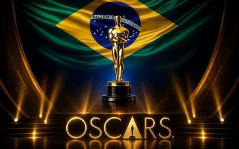 Estatueta do Oscar diante da bandeira do Brasil